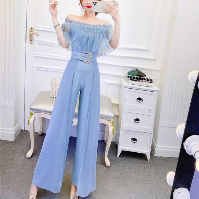 セットアップ レディース オフショルダーベルト付きパンツスーツ パンツドレス レース ブラウス タック ワイド フレア パンツ 上下 2点セット ツーピース スーツ ドレス 青 ブルー 白 ホワイト 