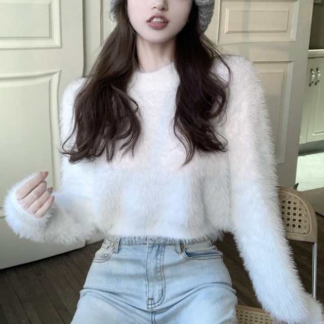 ３色 トップス ニット セーター レディース 秋冬 かわいい 長袖 ショート へそ出し 長袖 萌袖 ラウンドネック モコモコ ふわふわ プルオーバー 色展開 白 ホワイト 緑 グリーン ピンク ワンサ
